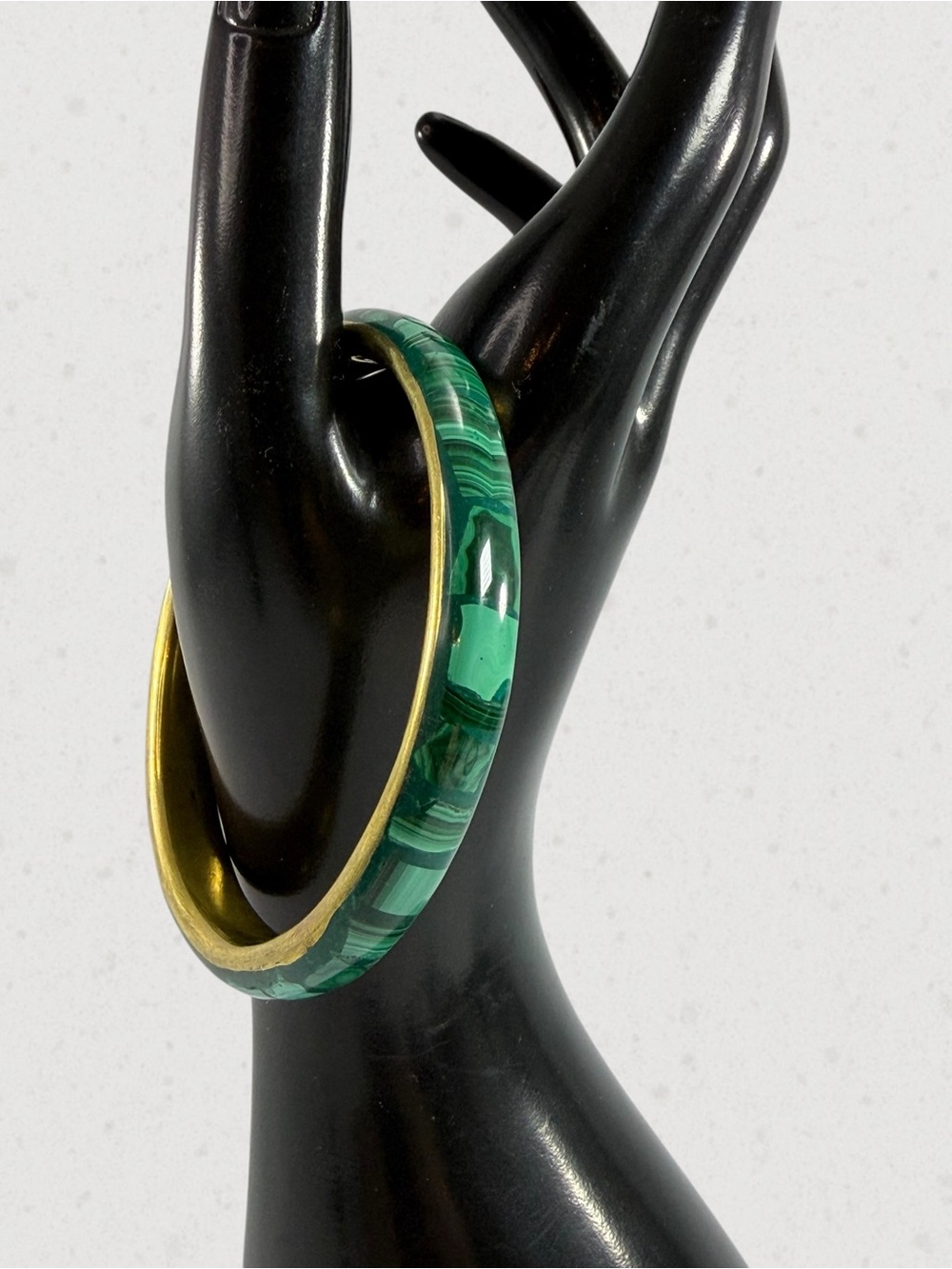 Vintage Inlaid Malachite Stone Brass Bangle Bracelet Marbled Green Gold 11mm
